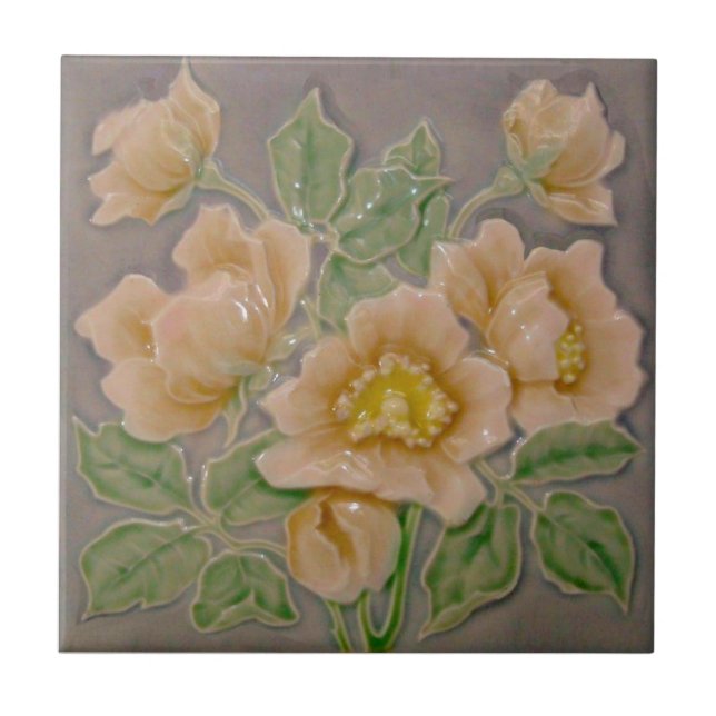 Peachy Floral Majolica Faux Relief c1900 Repro Tile (Front)