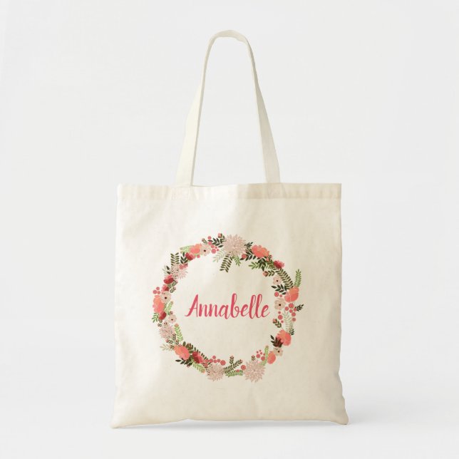Peachy Flowered Summer Wedding Wreath Tote Bag (Front)
