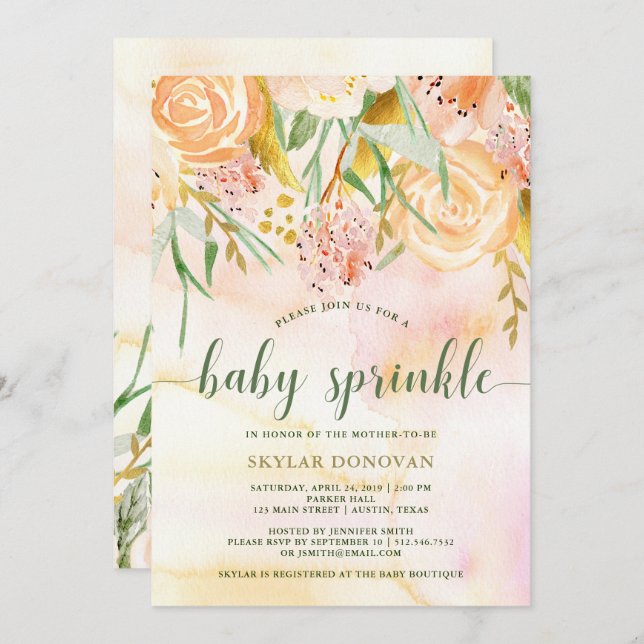 Peachy Gold Watercolor Floral | Baby Sprinkle Invitation (Front/Back)