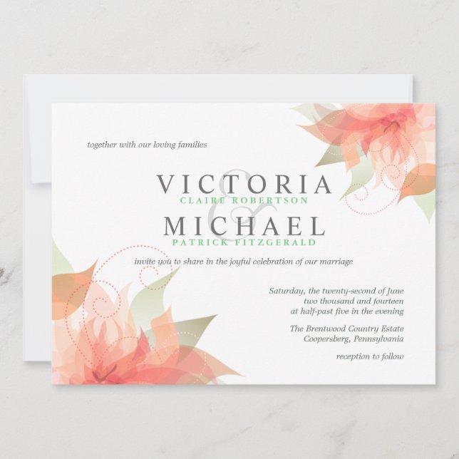 Peachy Orange and Green Wedding Invitations (Front)