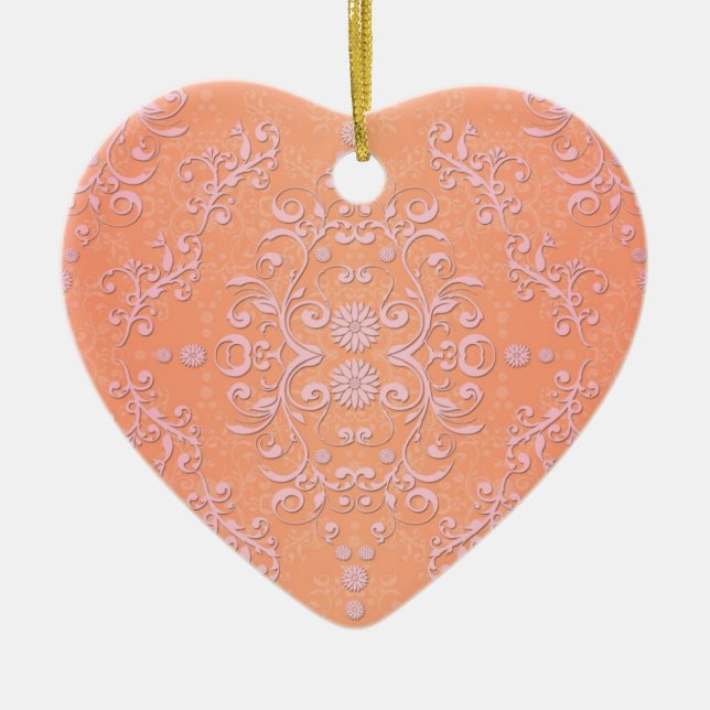 Peachy Orange and Pale Pink Damask Ceramic Tree Decoration (Front)