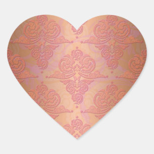 Peachy Orange and Pink Victorian Damask Heart Sticker