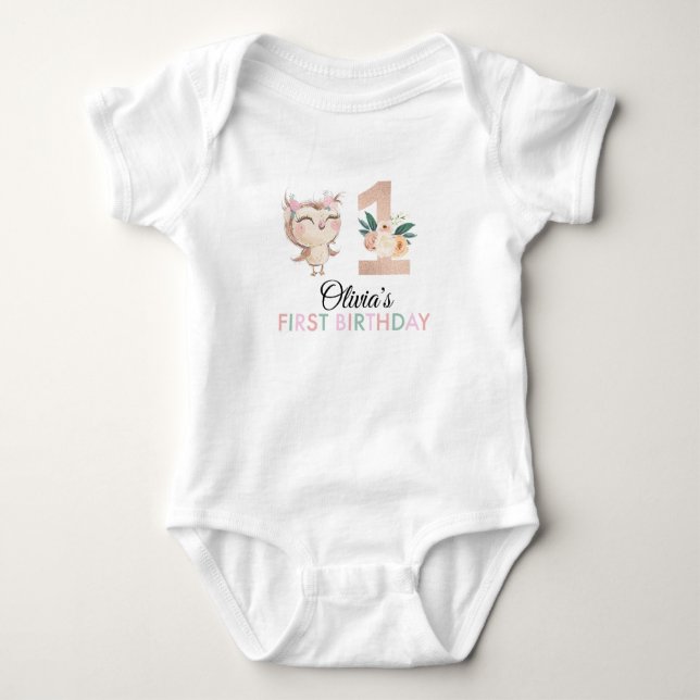 Peachy Owl Birthday Party Baby Bodysuit (Front)