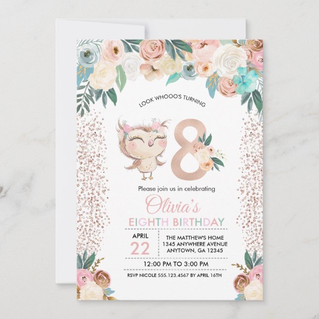 Peachy Owl Eighth Birthday Invitation (Front)