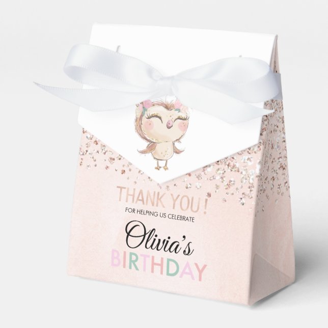 Peachy Owl Faux Glitter Party Favour Box (Front Side)