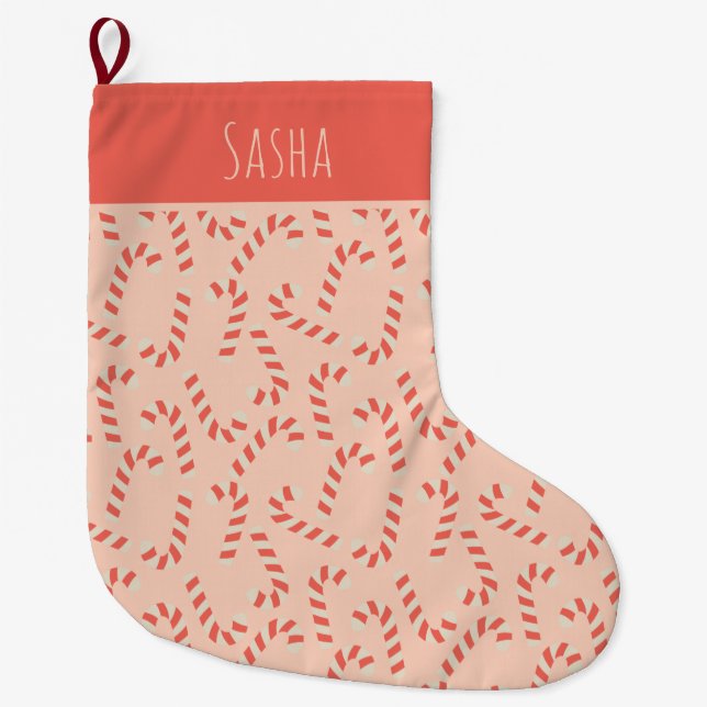 Peachy Pink Christmas Candy Canes Large Christmas Stocking (Front)