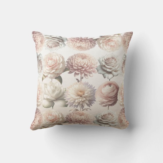 Peachy Pink Creamy White Flowers Floral  Cushion (Back)