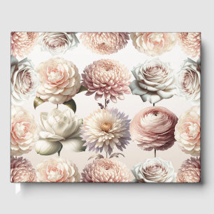 Peachy Pink Creamy White Flowers Floral Wedding Guest Book