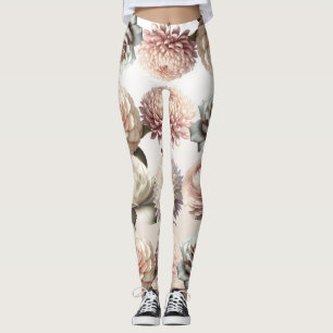 Peachy Pink Creamy White Flowers Floral Wedding Leggings