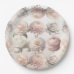 Peachy Pink Creamy White Flowers Floral Wedding Paper Plate