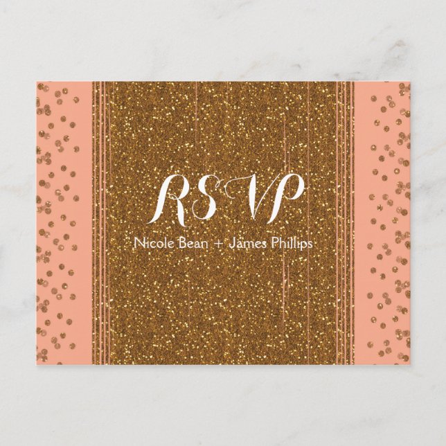 Peachy Pink & Faux Glitter Wedding RSVP Postcard (Front)