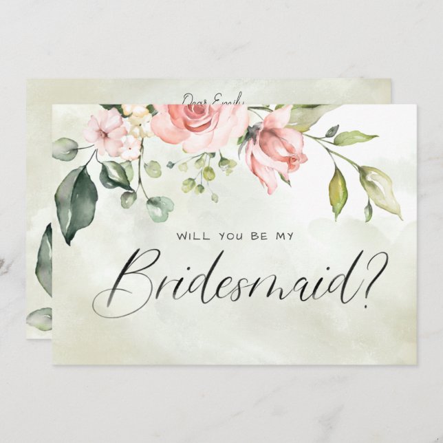 Peachy Pink Floral Watercolor Script Bridesmaid Invitation (Front/Back)