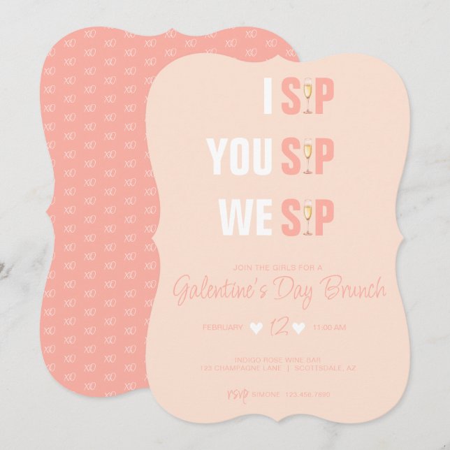 Peachy Pink Galentine's Champaign Brunch Invite (Front/Back)