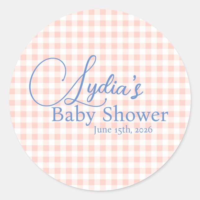 Peachy PInk Gingham Check Peel and Stick Wallpaper Classic Round Sticker (Front)
