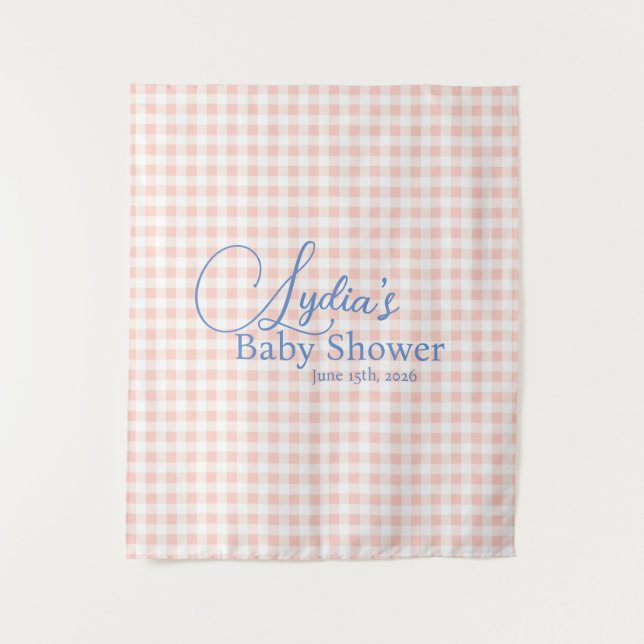 Peachy Pink Gingham Check Peel and Stick Wallpaper Tapestry (Front)