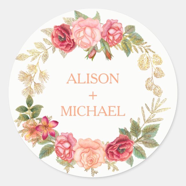 Peachy pink gold roses wreath wedding classic round sticker (Front)