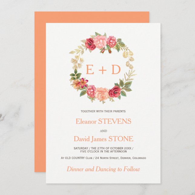 Peachy pink gold roses wreath wedding monogram invitation (Front/Back)