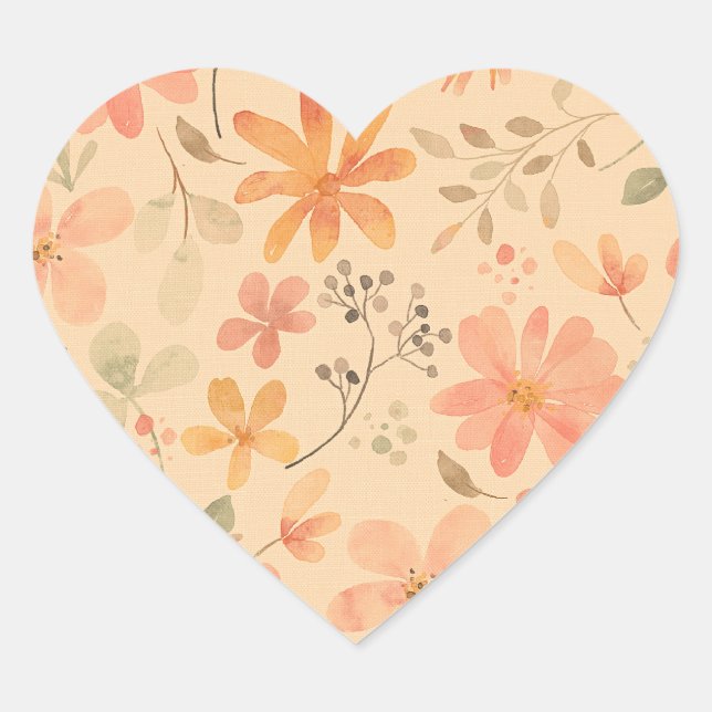 Peachy--pink golden floral pattern heart sticker (Front)