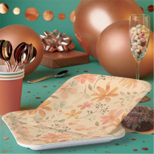 Peachy--pink golden floral pattern paper plate