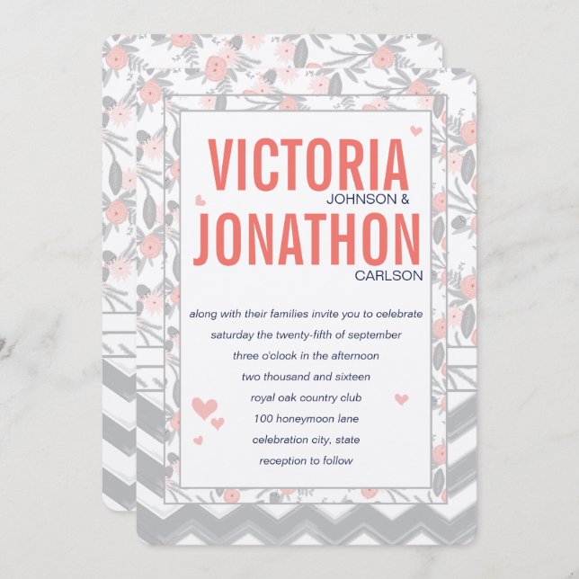 Peachy Pink Grey Flora and Fauna Wedding Invitation (Front/Back)
