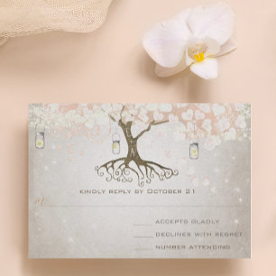 Peachy Pink Heart Leaf Wedding RSVP Card