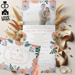 Peachy Pink Lavender Green Floral Wedding Tri-Fold Invitation