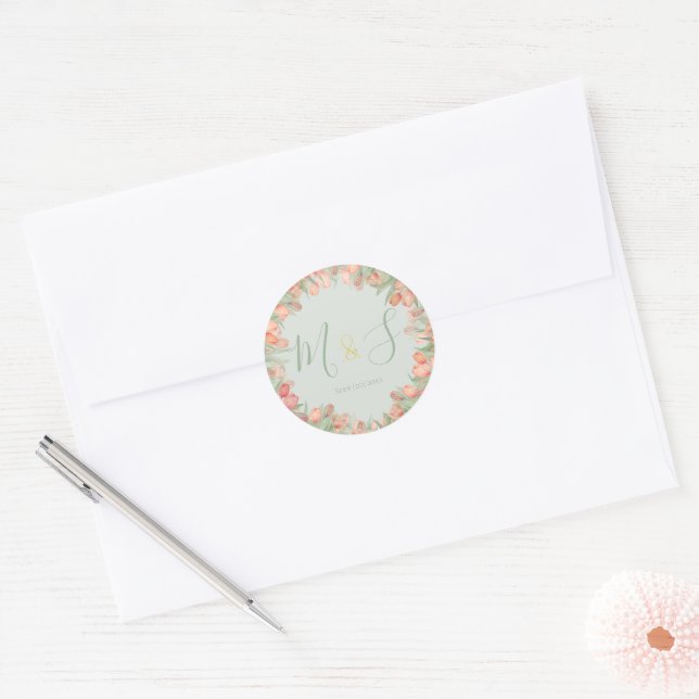 Peachy Pink & Mint Spring Tulips Initial Classic Round Sticker (Envelope)
