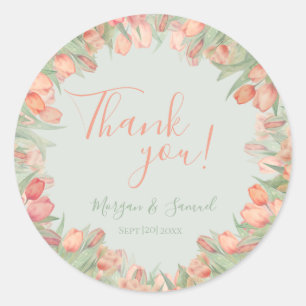 Peachy Pink & Mint Spring Tulips Thank You Classic Round Sticker