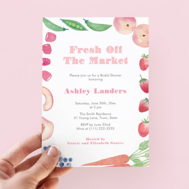Peachy Pink Off The Market Bridal Shower Invitation (She's Fresh Off The Market! Watercolor Farmers Market Bridal Shower Invite With Peachy Pink accents)