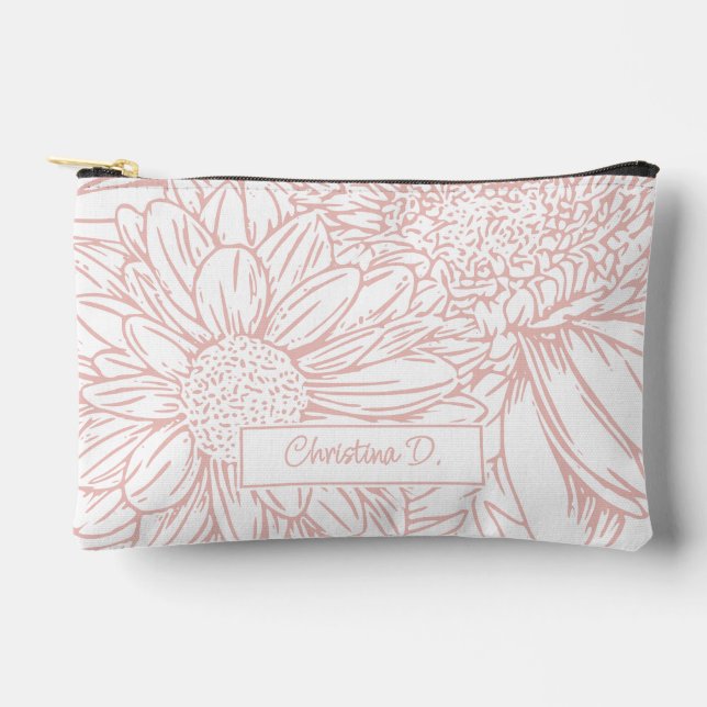 Peachy Pink on White Chrysanthemums with Name Accessory Pouch (Front)