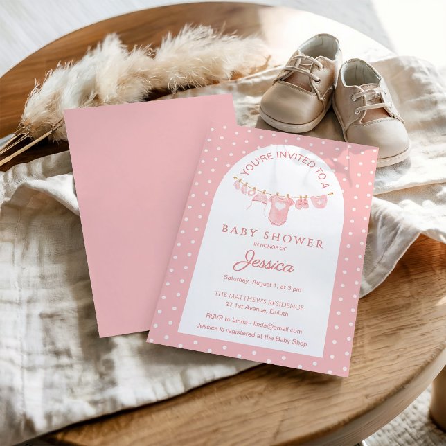Peachy Pink Polka Dots Hanging Clothes Baby Shower Invitation (Creator Uploaded)