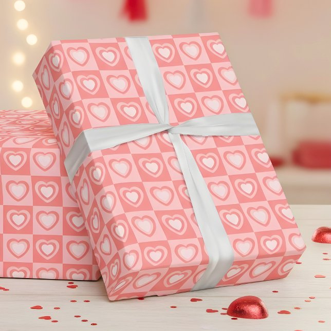 Peachy Pink Retro Hearts Valentine Gift Wrapping Paper (Creator Uploaded)