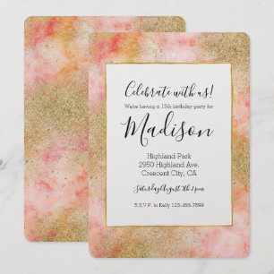 Peachy Pink Watercolor Gold Faux Glitter Invitation