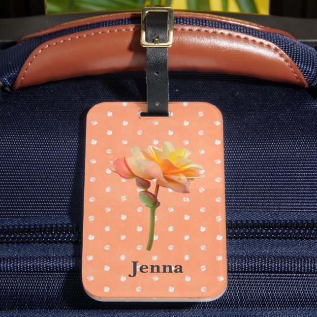 Peachy Pretty Begonia Polka Dot Luggage Tag (Front Insitu 2)