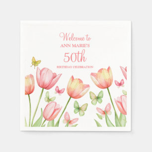 Peachy Watercolor Tulips Floral  Napkin