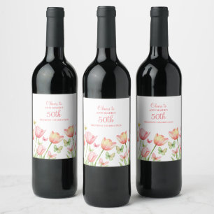 Peachy Watercolor Tulips Floral  Wine Label