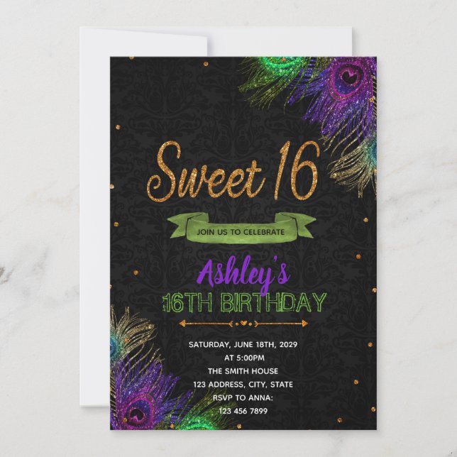 Peacock 16 birthday party invitation (Front)