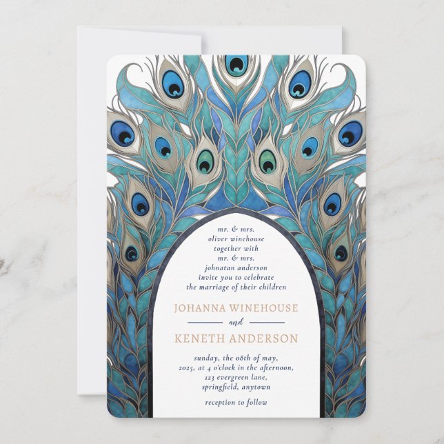 Peacock Abstract Arch | Monogram  Invitation (Front)