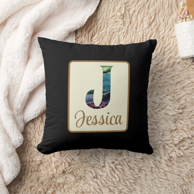 Peacock Agate Letter J Personalised Cushion (Blanket)