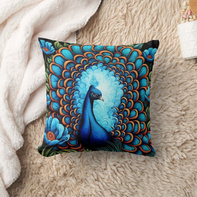 Peacock Among Blue Flowers Cushion (Blanket)