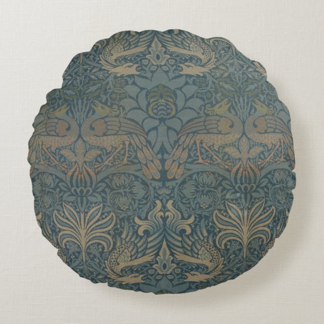 Peacock and Dragon by William Morris Round Cushion (Front)