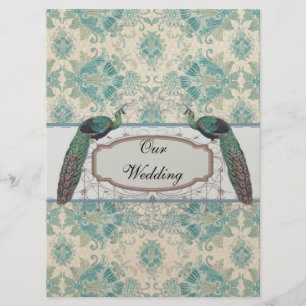 peacock and elegant cream teal damask wedding invitation