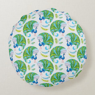 Peacock and Feathers Pattern Round Cushion