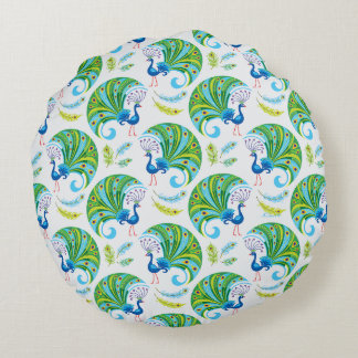 Peacock and Feathers Pattern Round Cushion