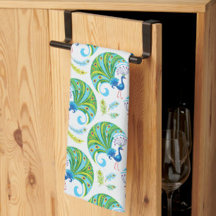 Peacock and Feathers Pattern Tea Towel
