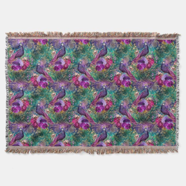Peacock and flowers floral bird pattern elegant  throw blanket (Front)
