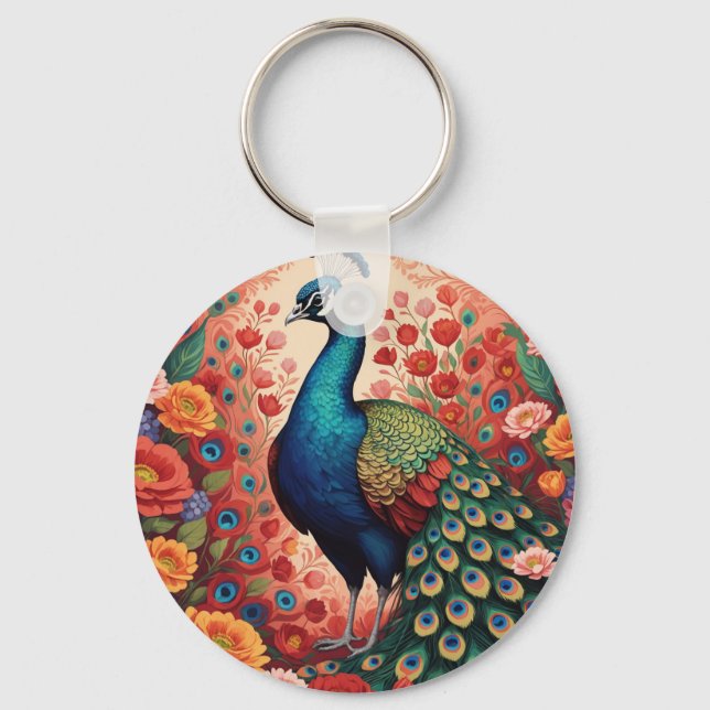 Peacock and flowers key ring (Front)