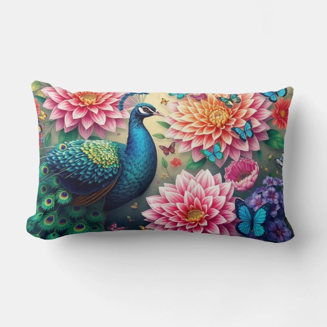 Peacock And Flowers  Lumbar Cushion (Front)