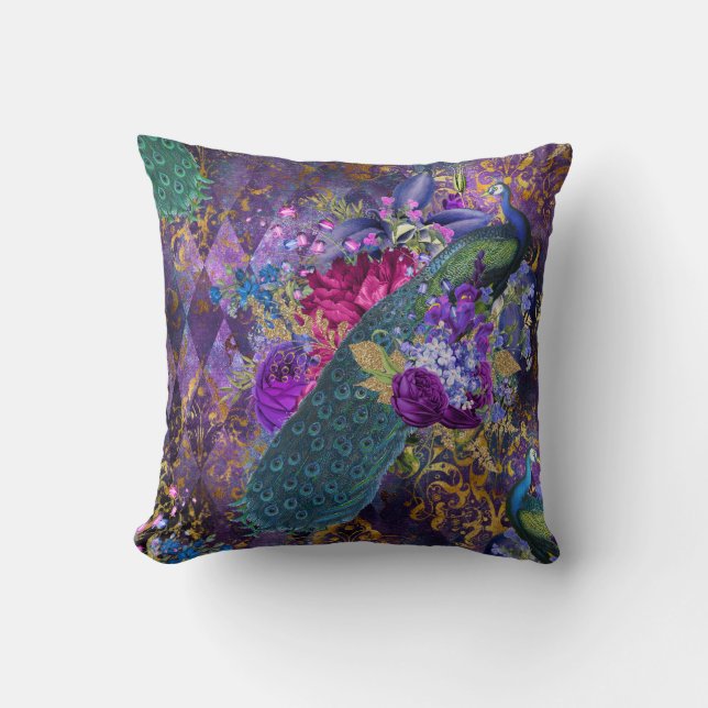Peacock and Flowers on Purple Cushion (Front)