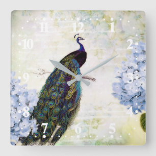 Peacock and hydrangea square wall clock
